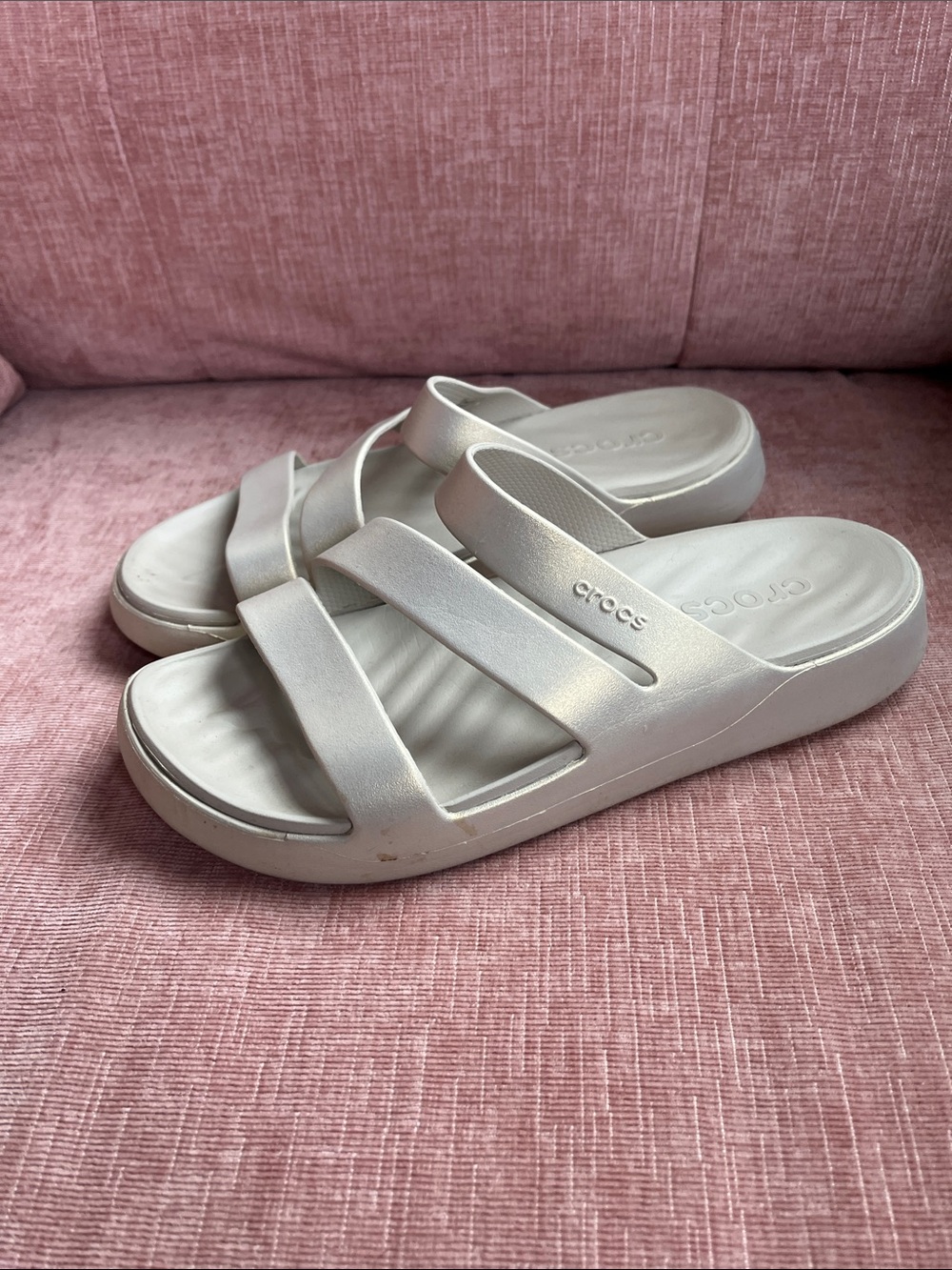 CROCS Women's Pearl White Double-Strap Slide Sandals